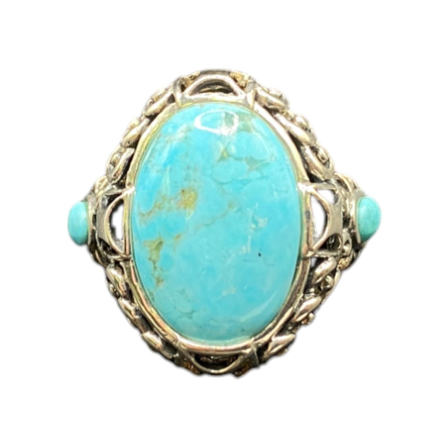 Turquoise Ring Sterling Silver NK Oval Ornate Semi Precious Stone Blue 7.75