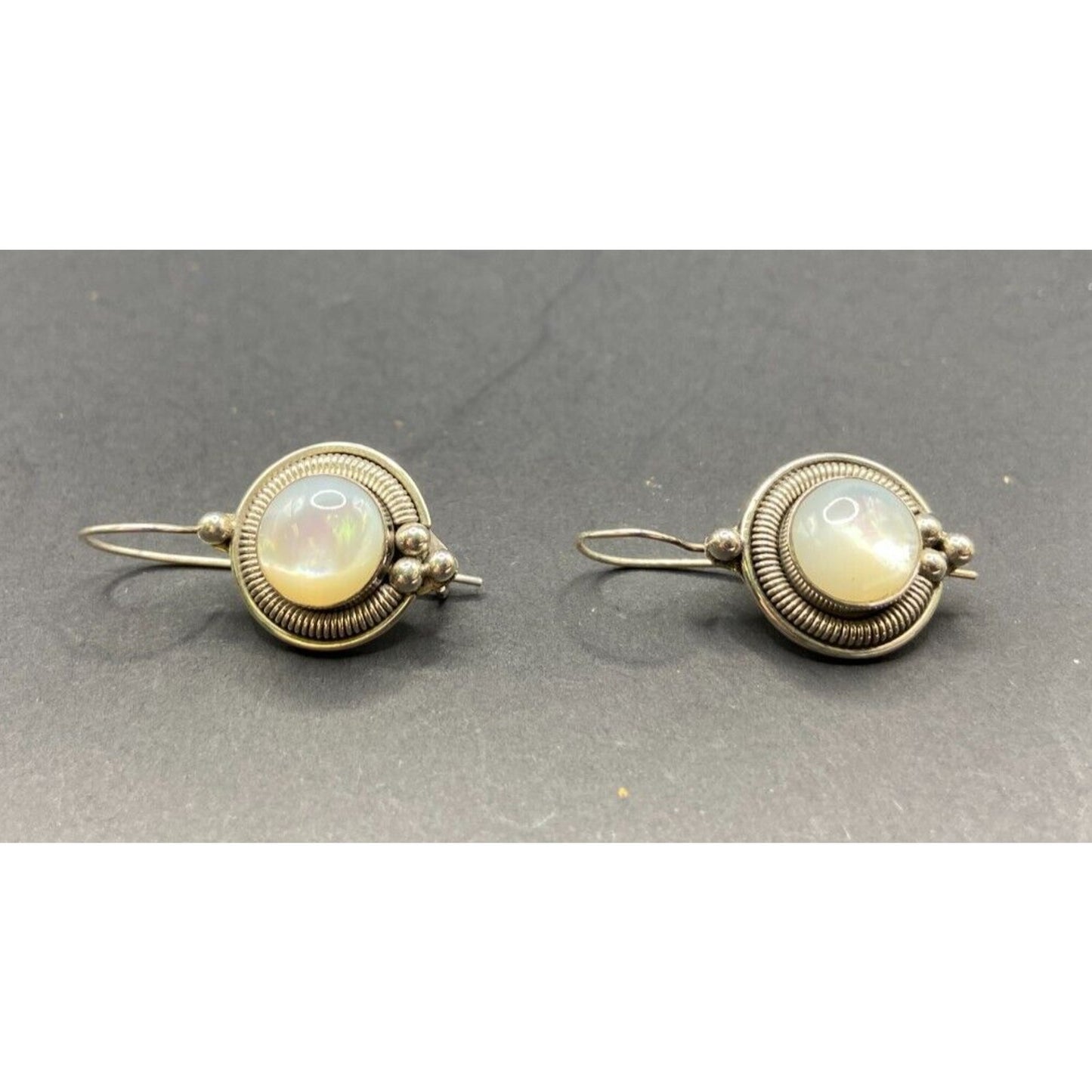 Mother Of Pearl Scroll Hook Drop Earrings Oval Gemstone 925 Sterling Silver BA