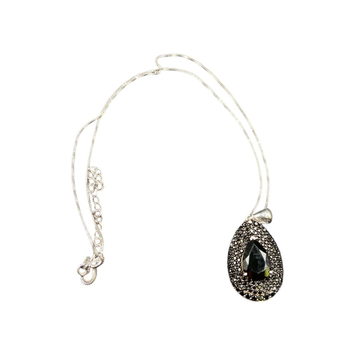 Black Onyx Teadrop Pendant Marcasite 925 Sterling Silver Box Chain Necklace GIE