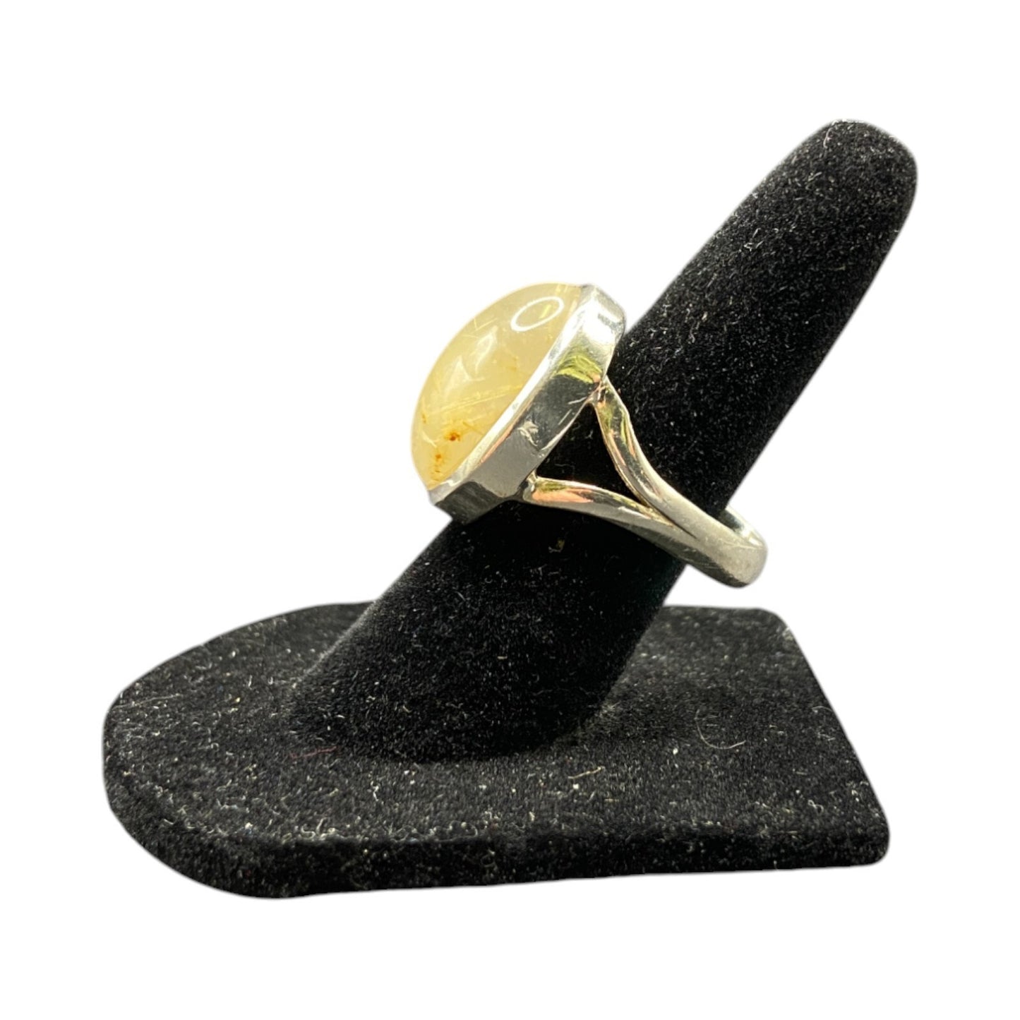 Golden Rutilated Quartz Crystal Ring Oval Cabochon 925 Sterling Silver Size 4