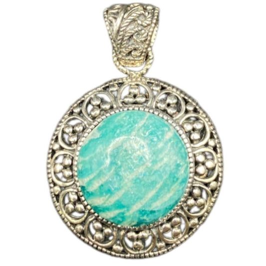 Amazonite Crystal Stone Pendant Round Cabochon Shaped Silver Tone Metal Filigree