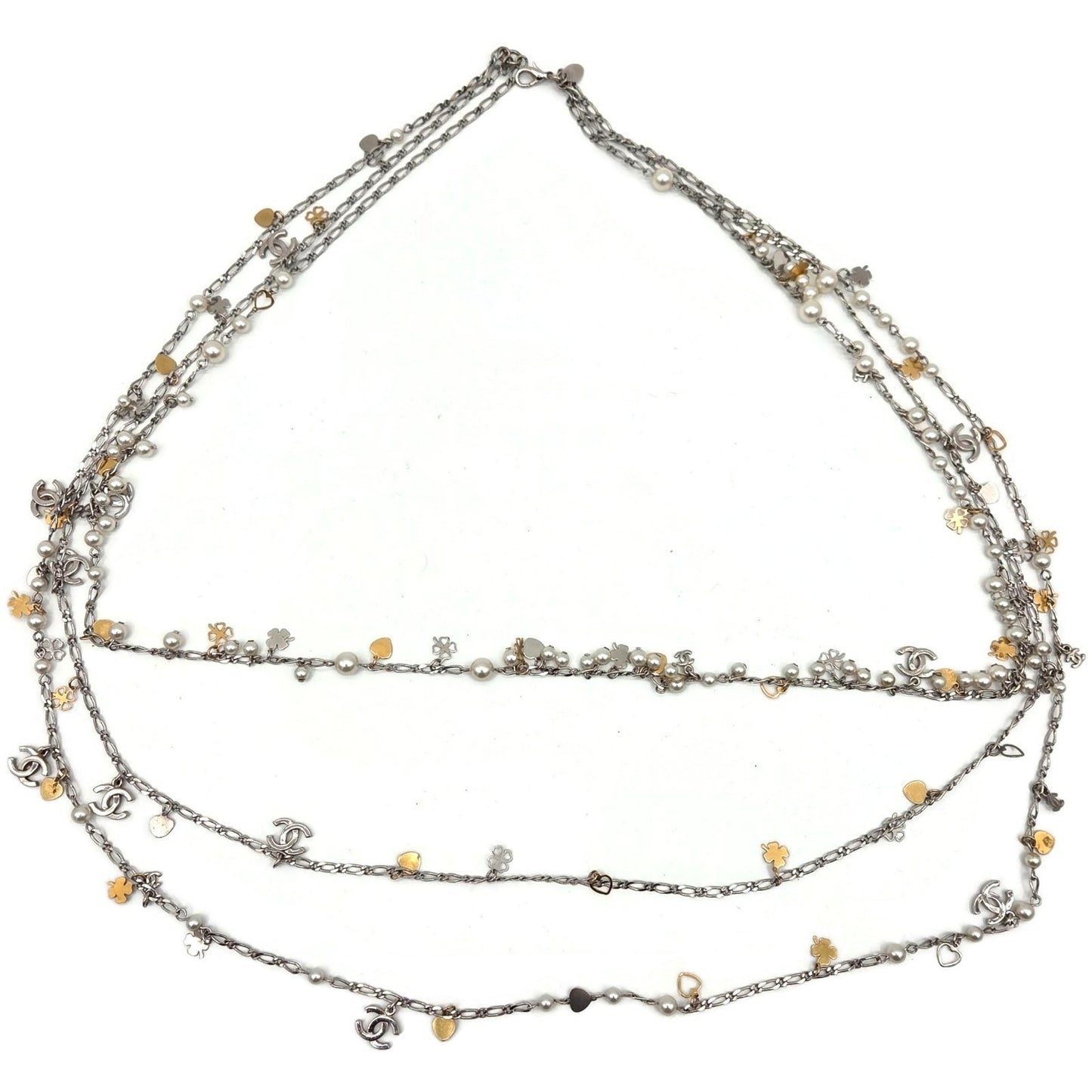 CoCo Chanel Three Strand Chain Hearts Clover Faux Pearl CC Logo Charm Necklace