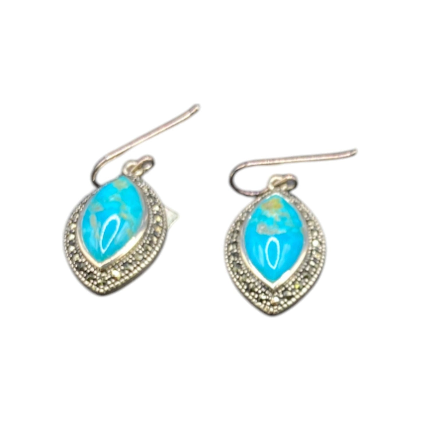 Marquise Turquoise Hook Dangle Earrings Marcasite Stone 925 Sterling Silver NK
