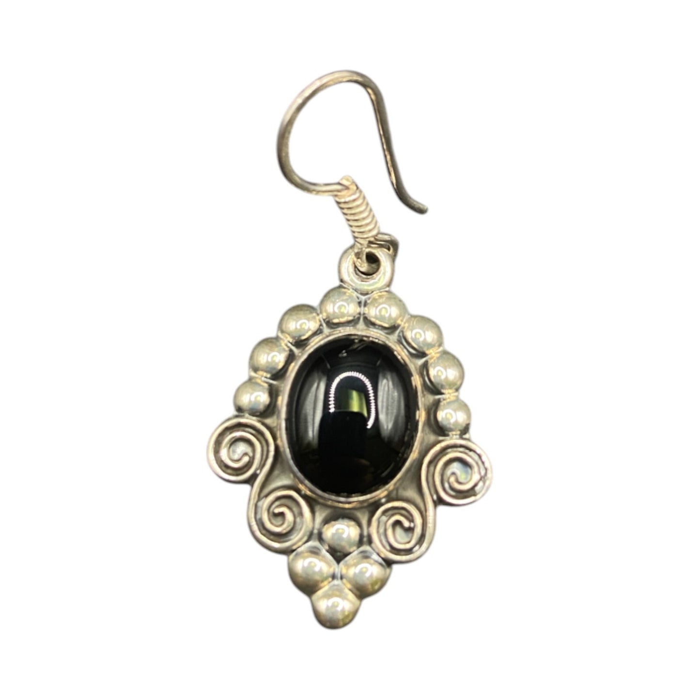 Black Onyx Oval Gemstone Hook Earrings 925 Sterling Silver Filigree MWS Mexico