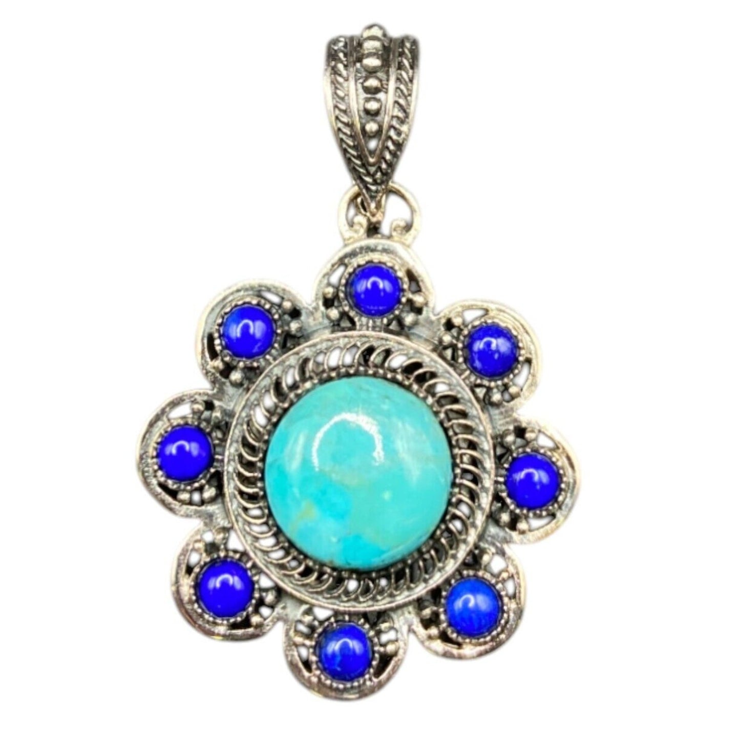 Turquoise Lapis Lazuli Pendant Crystal Stone Flower Silver Tone Metal Filigree