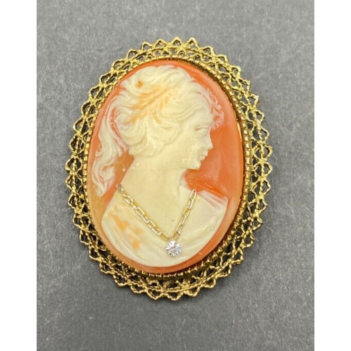 Vintage Cameo Brooch Lady Necklace Mid Century Oval Gold Tone Metal Filigree