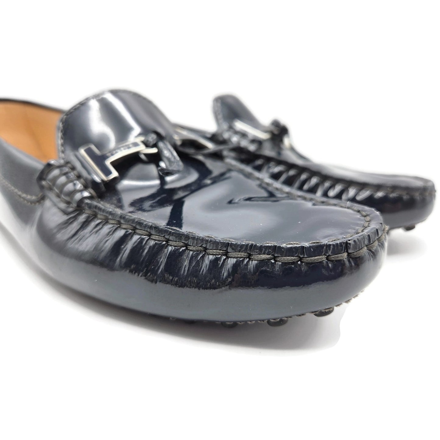 Tod’s Heaven Double T-Bit Loafers Navy Patent Leather Driving Shoes Rare 39.5