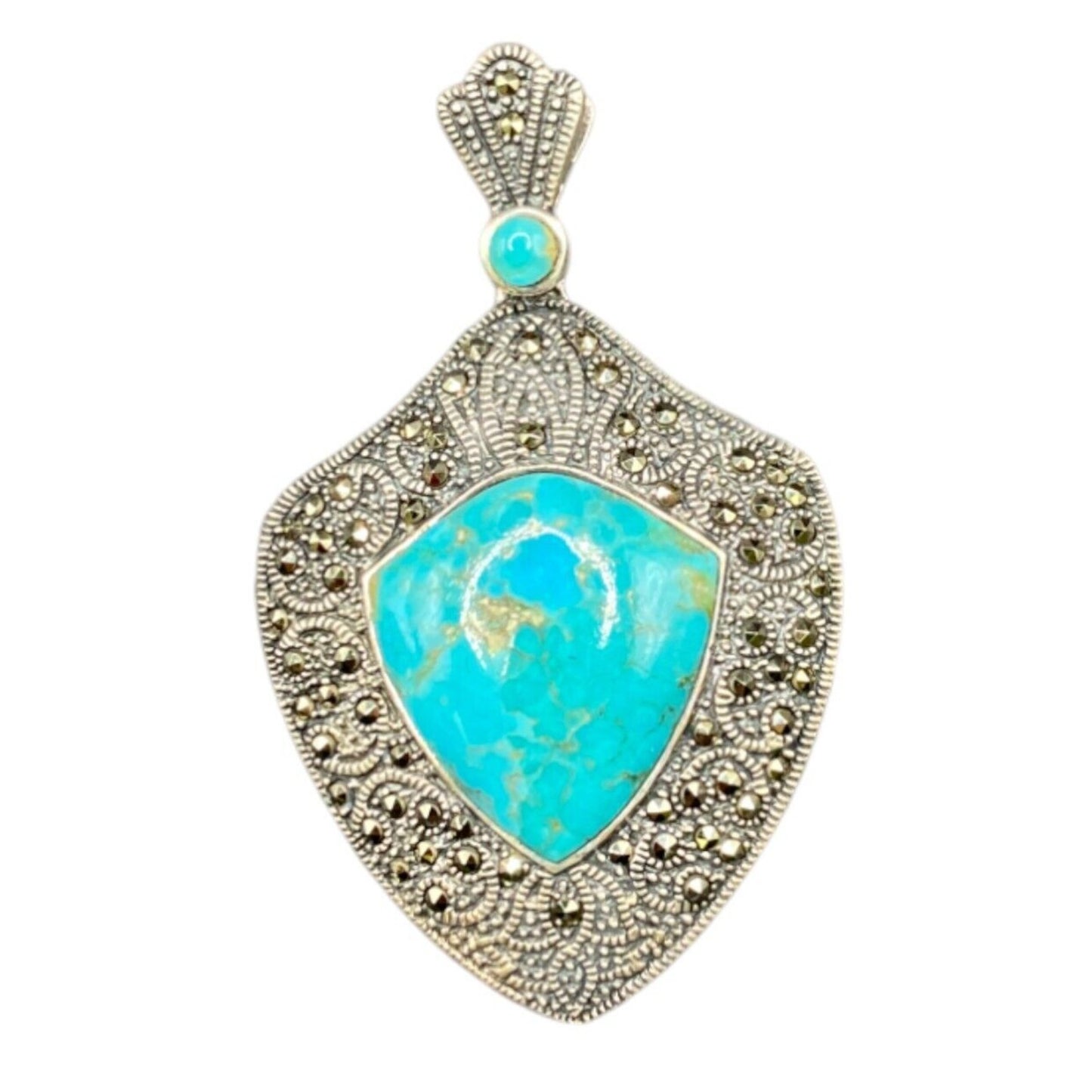 Turquoise Pendant Marcasite Ornament Sterling Silver Thailand Stamped