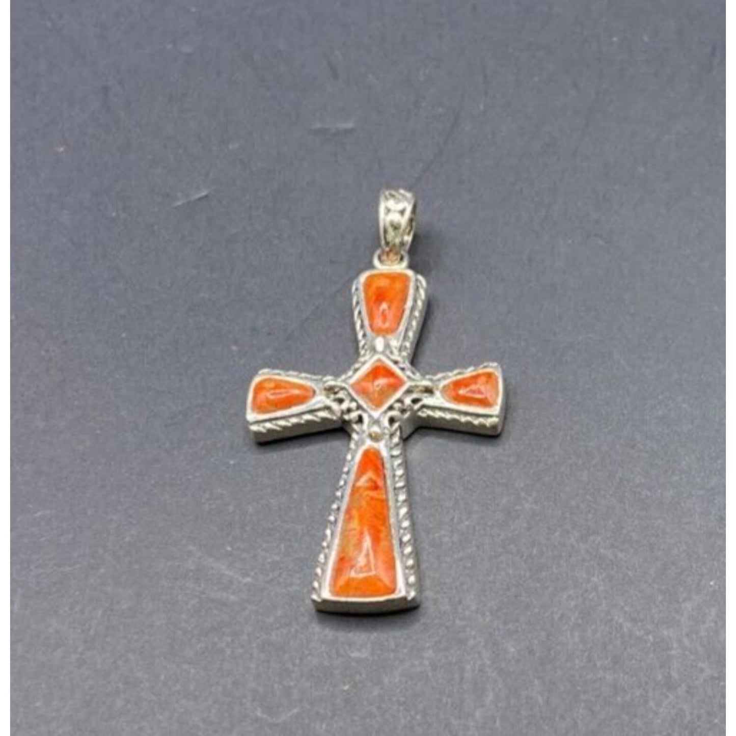 Sponge Coral Orange Stone Cross Pendant 925 Sterling Silver Crystal NK Thailand