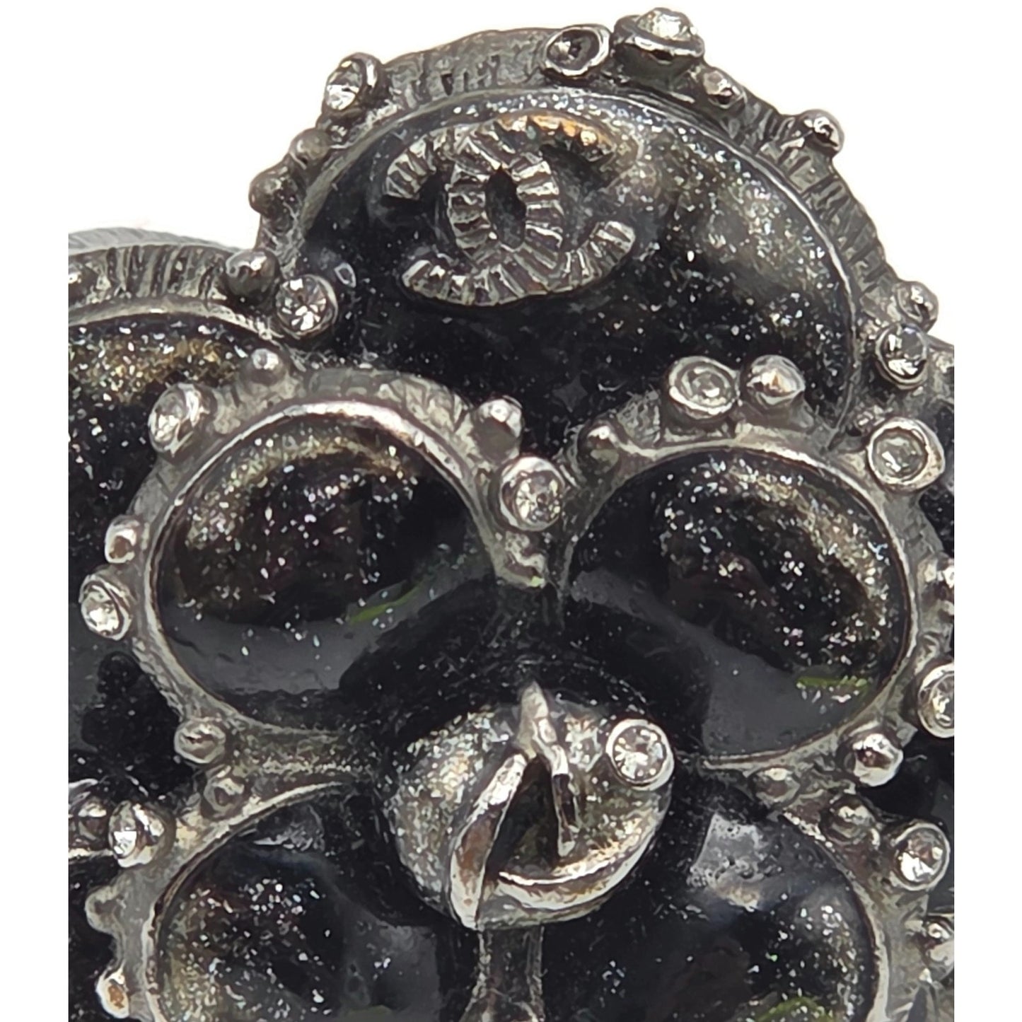 Chanel Camellia CC Ring Ruthenium Black Enamel Crystal EU 54 US 7 w/ Box 13P