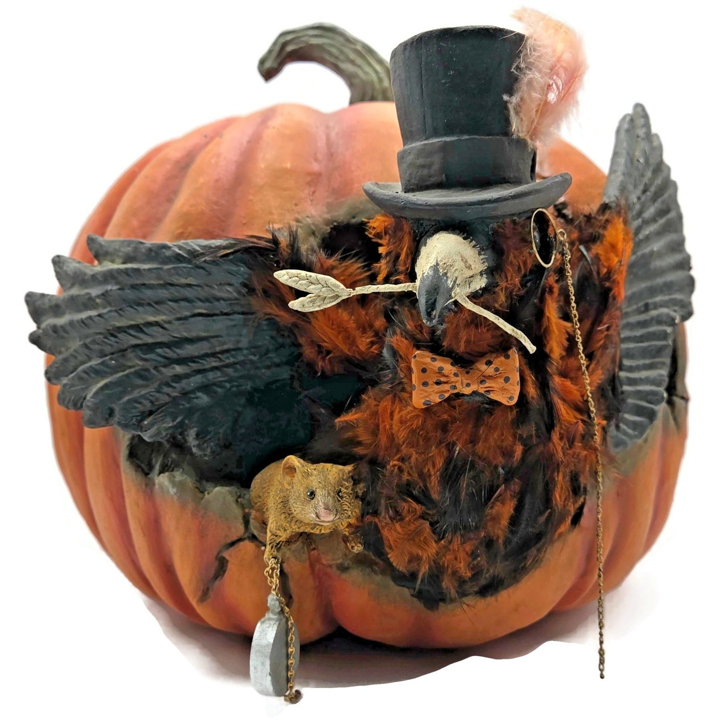 Bethany Lowe Cawing Pumpkin Halloween Raven Crow Top Hat Mouse Paper Mache Decor