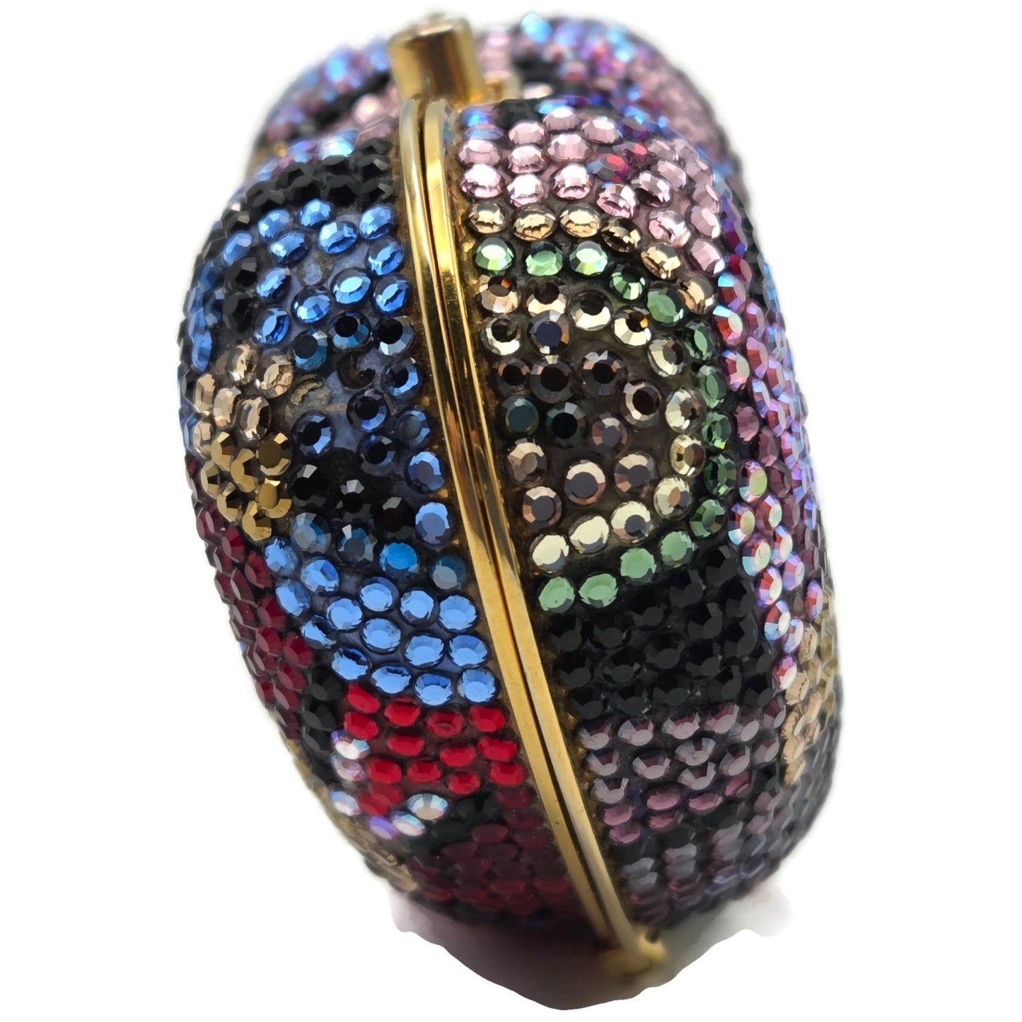 Judith Leiber Heart Crystal Pill Box Multicolor Pave Gold Tone Signed 2 inches