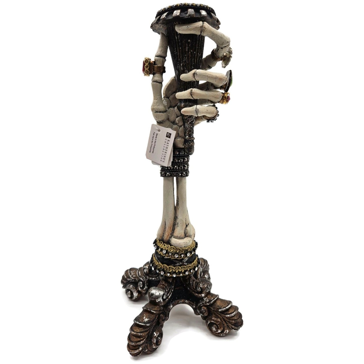 Katherine’s Collection Skeleton Hand Taper Candle Holders Pair Jeweled Rings 13"