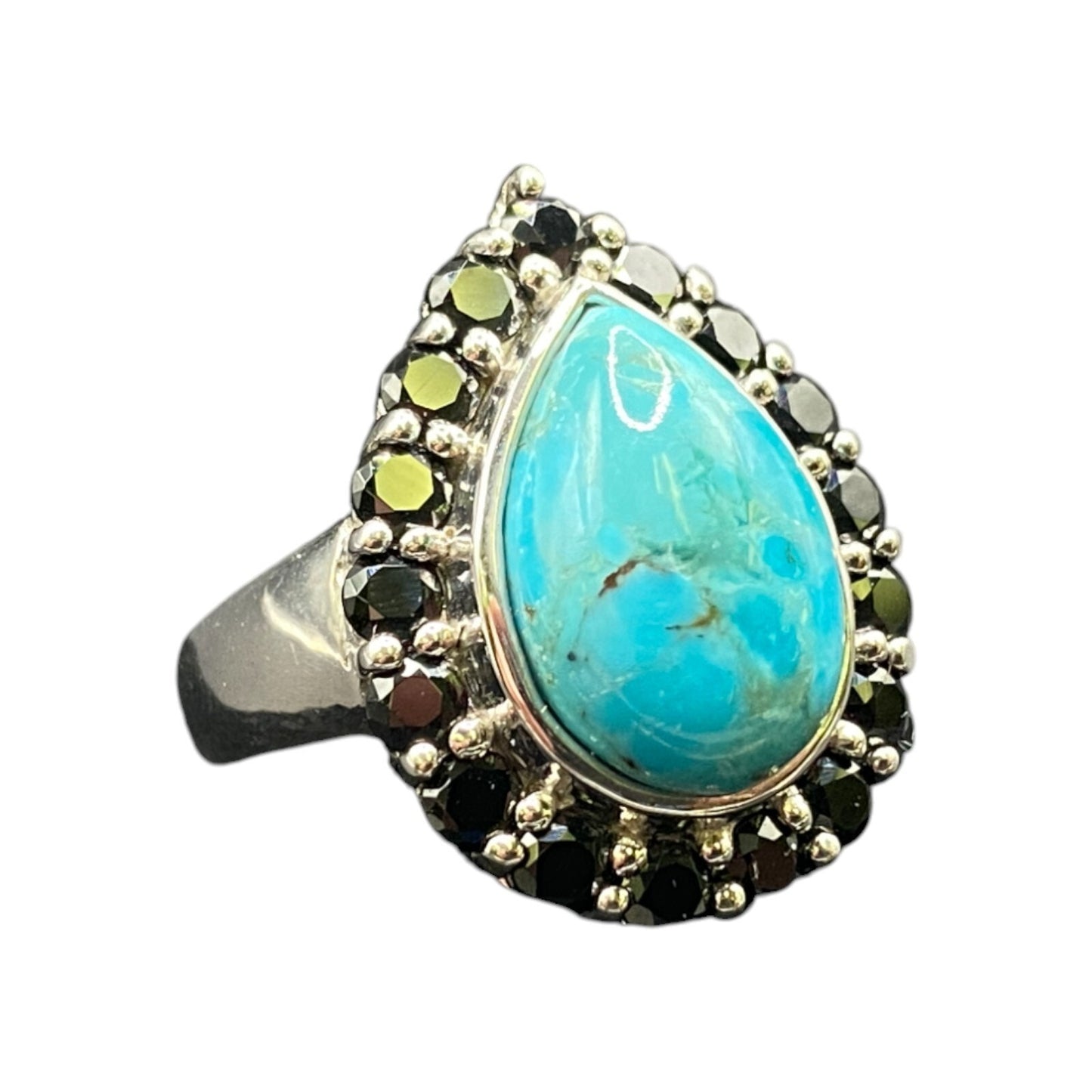 Turquoise Ring Teardrop Gemstone Black Rhinestone 925 Sterling Silver Size 7.5