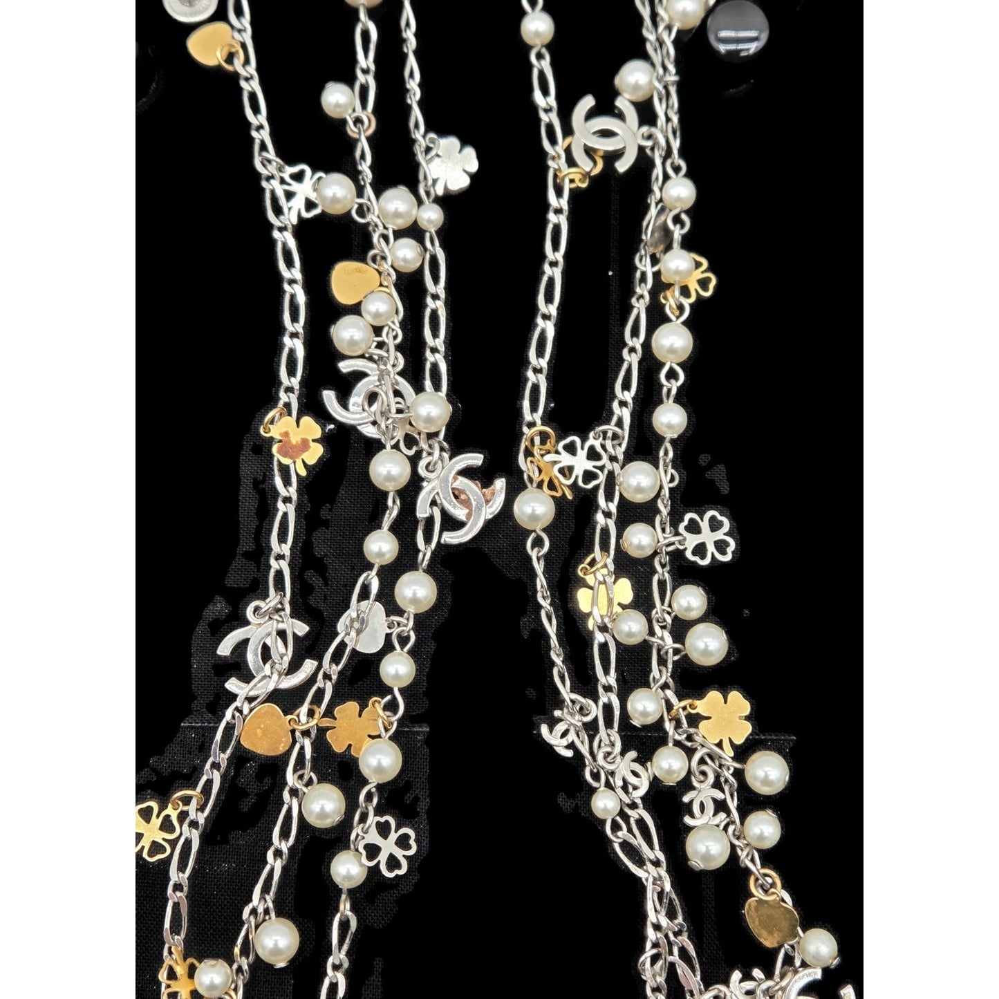 CoCo Chanel Three Strand Chain Hearts Clover Faux Pearl CC Logo Charm Necklace