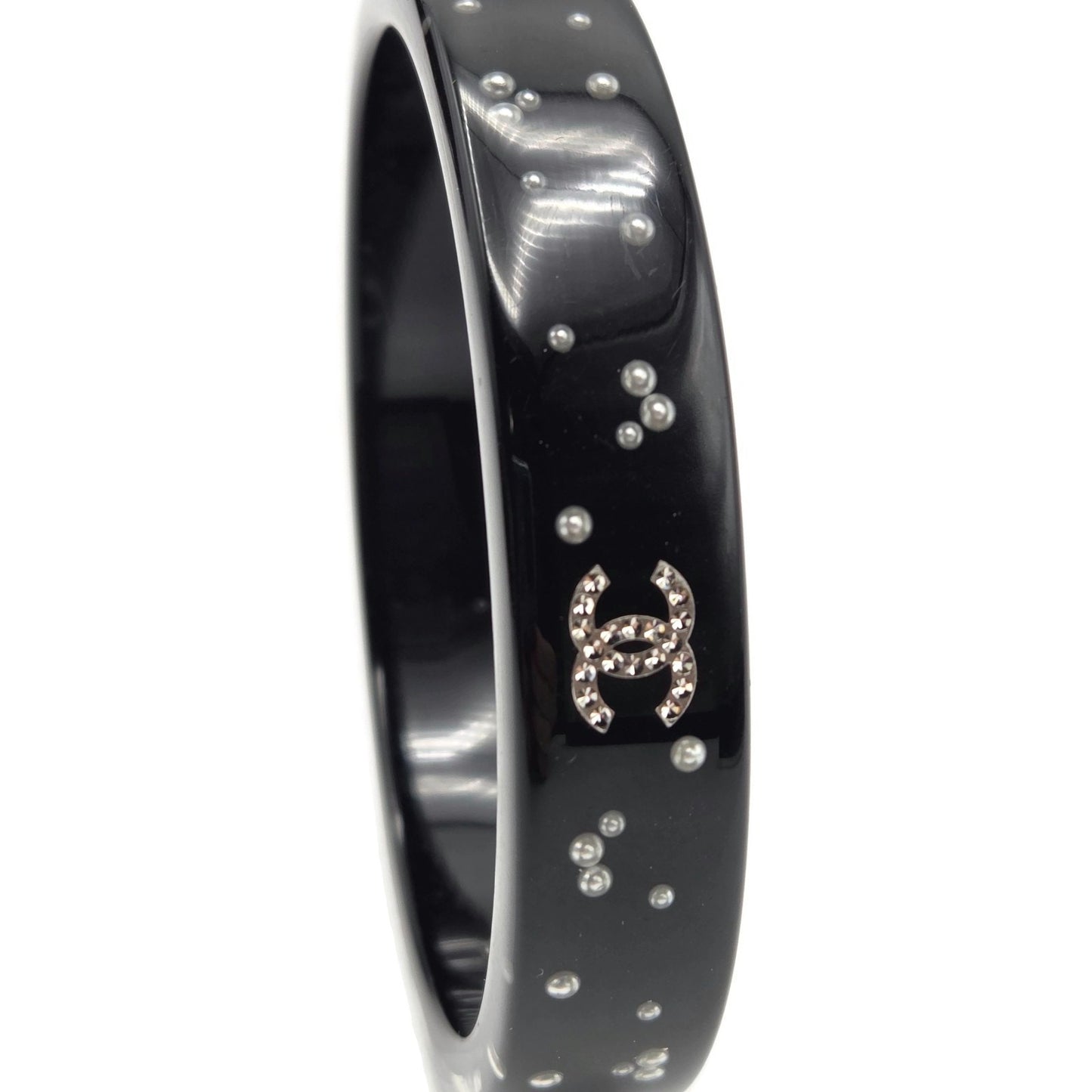 Chanel Black Resin Faux Pearl Crystal CC Logo Details Bangle Bracelet Jewelry