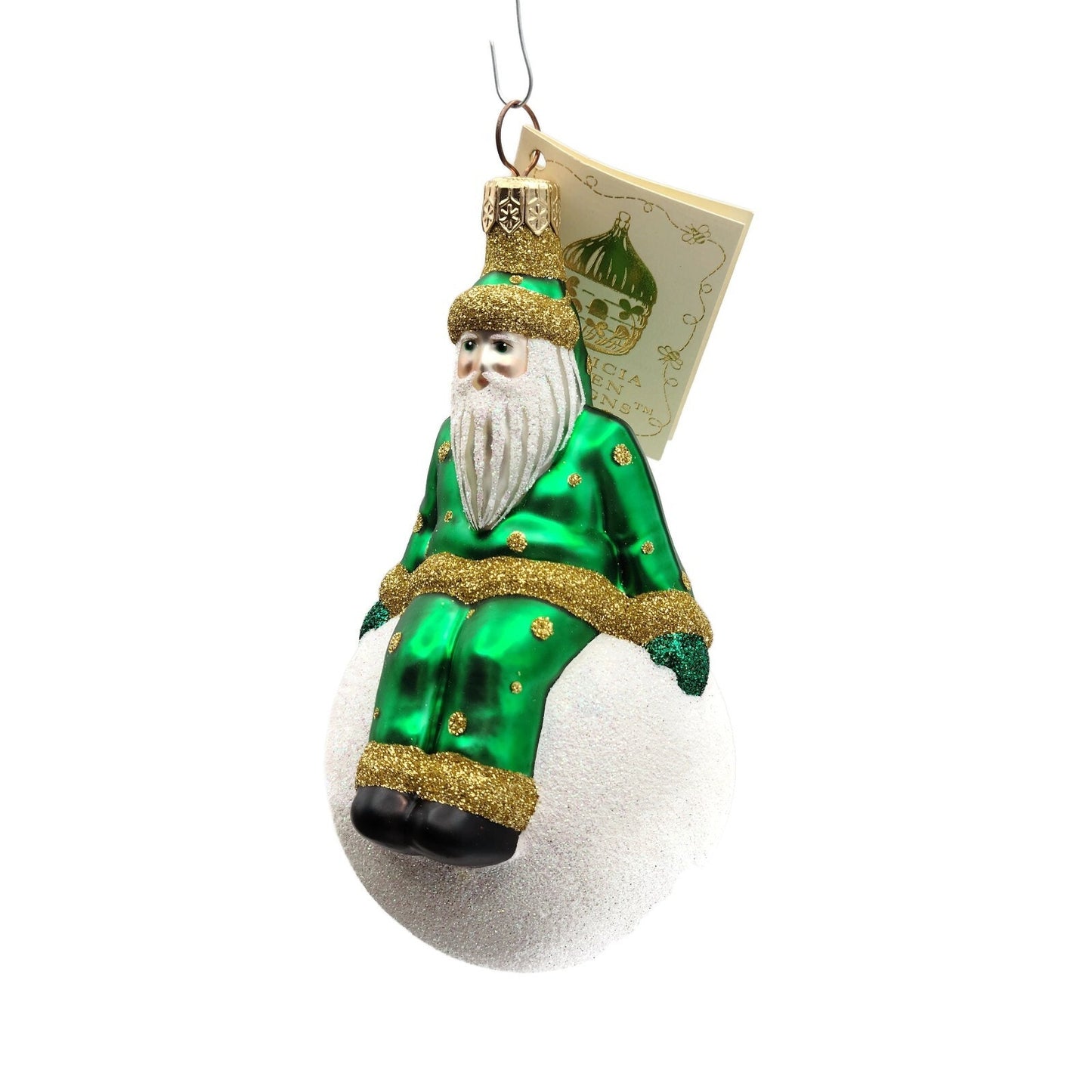 Patricia Breen Snowbound Santa Green Gold Glittered Dots Christmas Tree Ornament