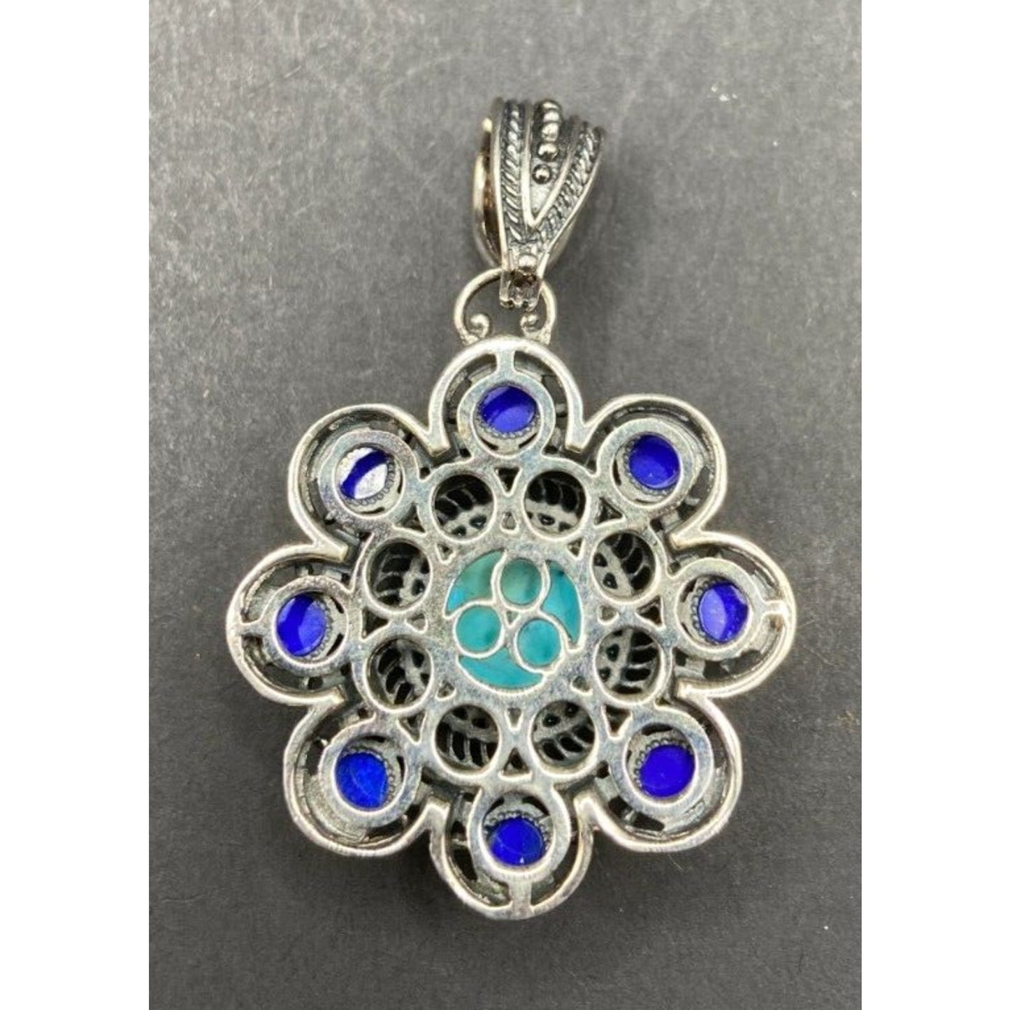 Turquoise Lapis Lazuli Pendant Crystal Stone Flower Silver Tone Metal Filigree