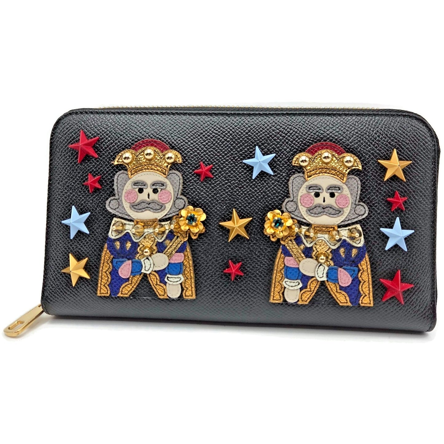 Dolce & Gabbana Black Leather Gold Zip Around Wallet Nutcracker King Stars Royal