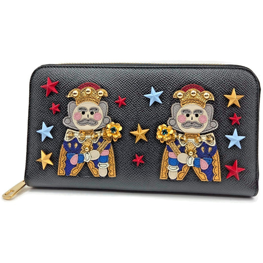 Dolce & Gabbana Black Leather Gold Zip Around Wallet Nutcracker King Stars Royal