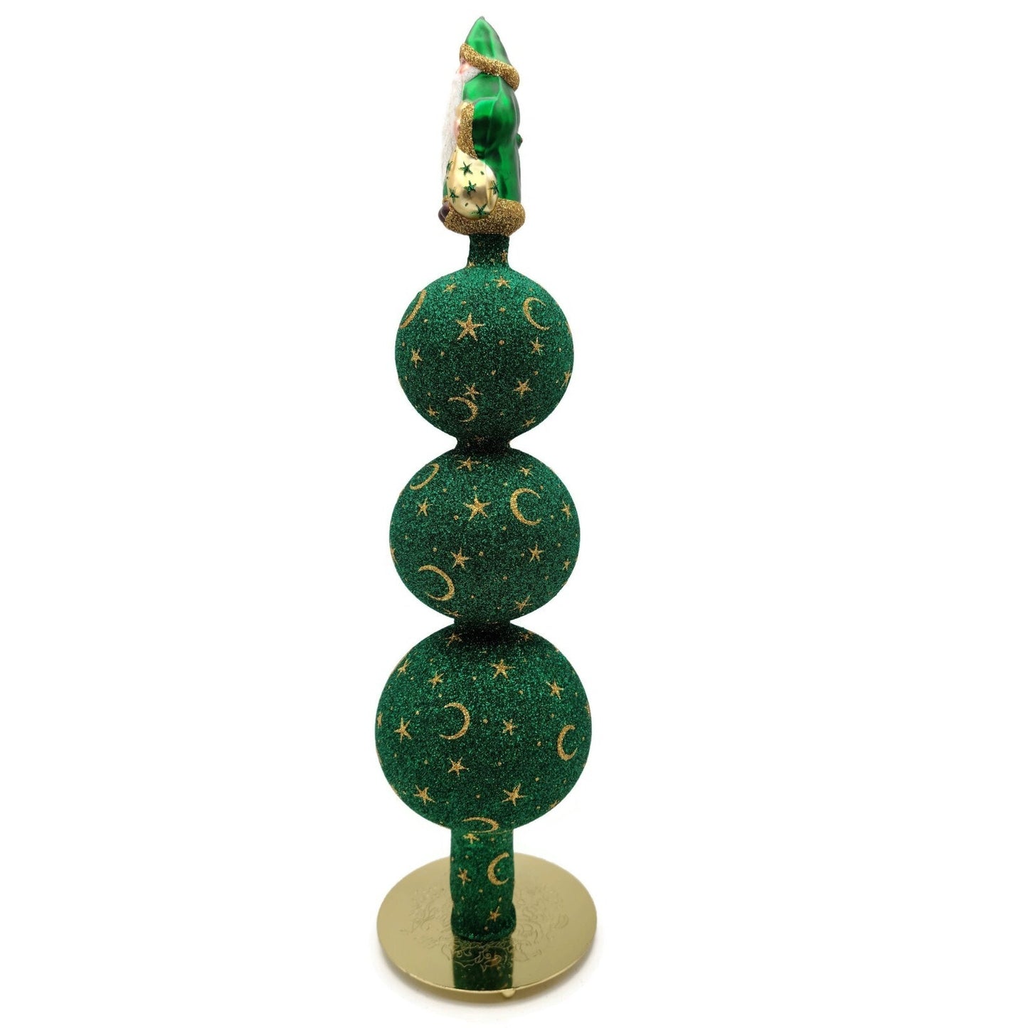 Patricia Breen Woodland Santa Finial Green Gold 3-Ball Christmas Tree Finial Top