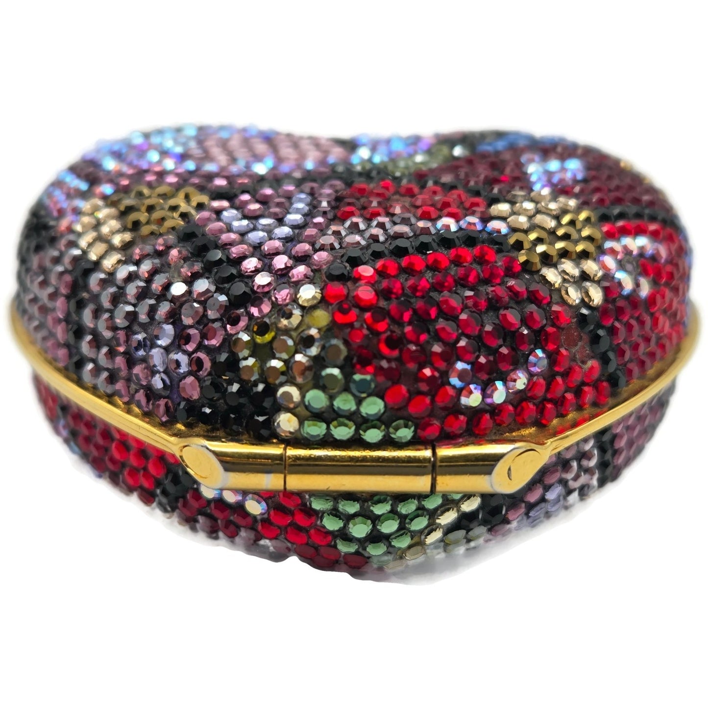 Judith Leiber Heart Crystal Pill Box Multicolor Pave Gold Tone Signed 2 inches
