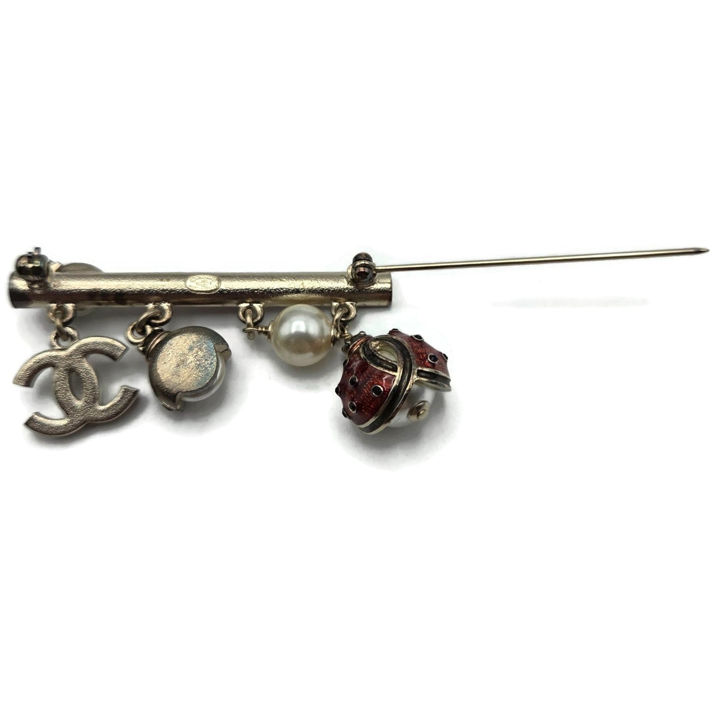 Chanel Gold Enamel Ladybug & Pearl Dangling Brooch A97981 Z5712 Spring 2018 VTG