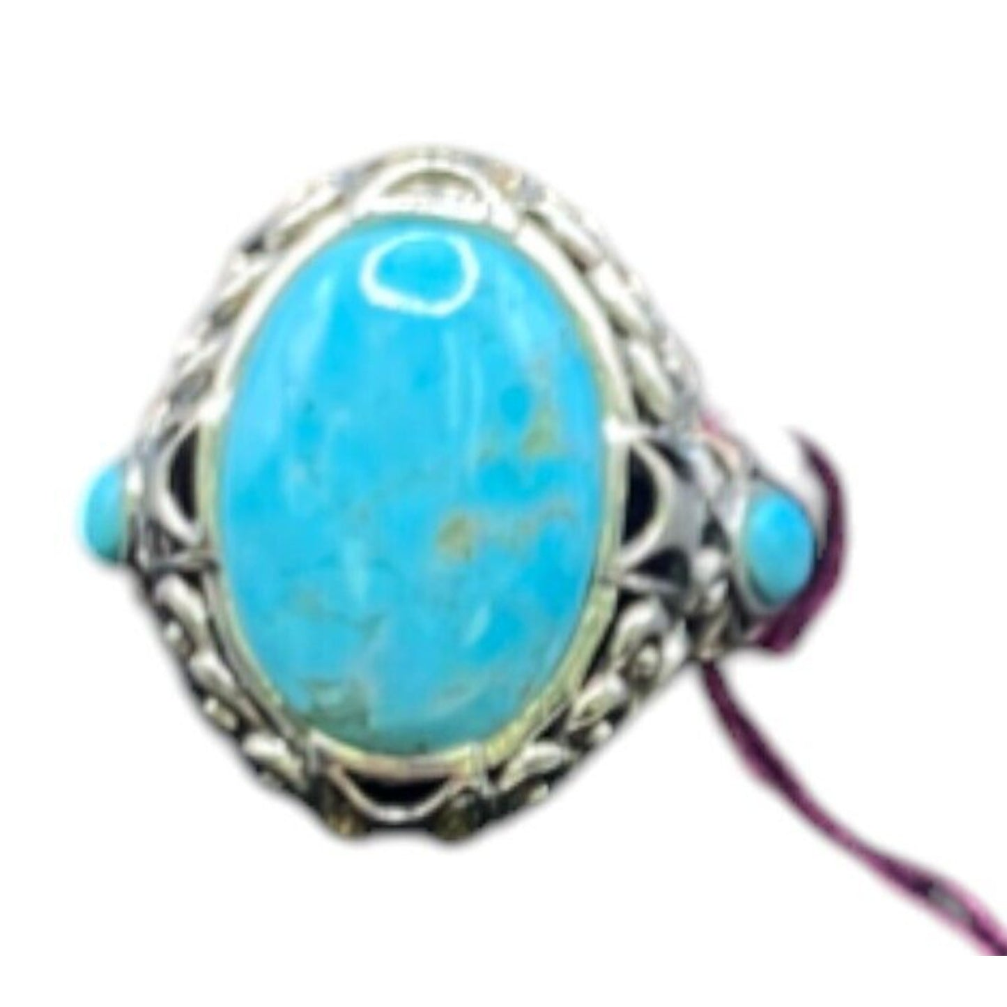 Turquoise Ring Sterling Silver NK Oval Ornate Semi Precious Stone Blue 7.75