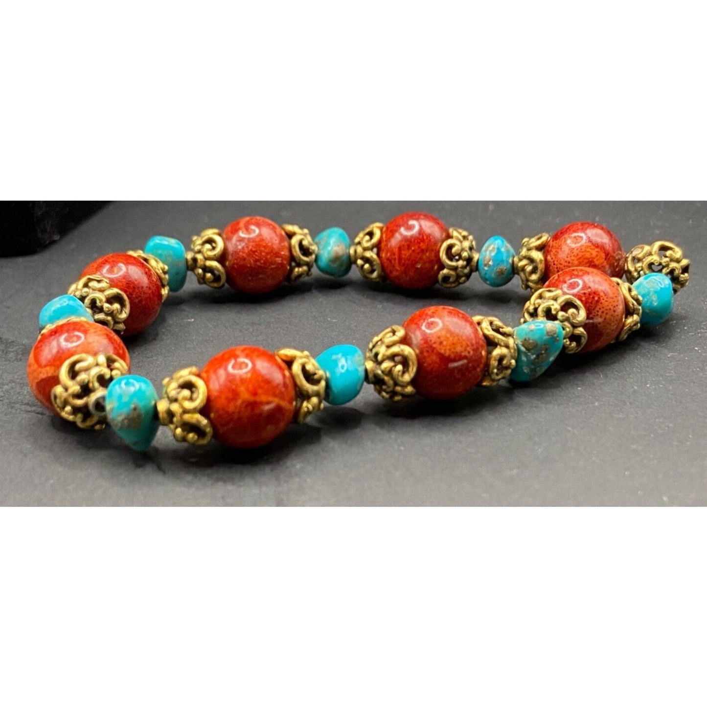 3 Pc Set Sponge Coral Turquoise Beaded Necklace Bracelets Gold Tone Metal