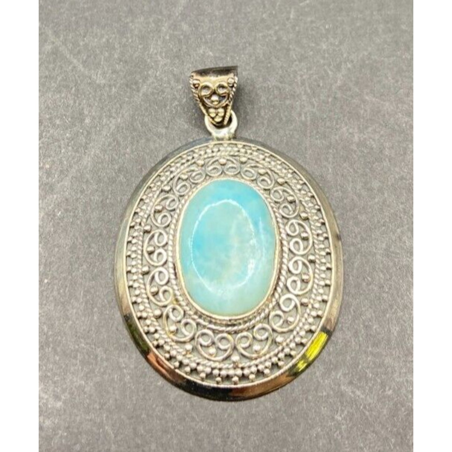 Blue Quartz Gemstone Pendant Oval Cabochon 925 Sterling Silver Filigree BJC