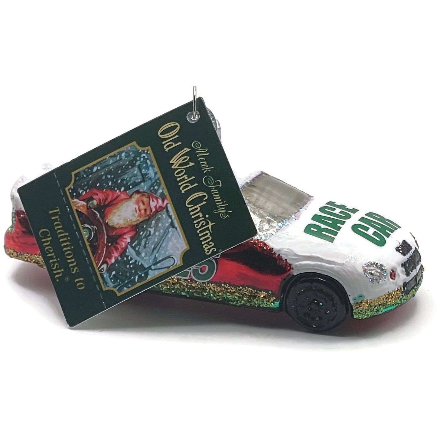 Race Car Ornament Vehicle White Red Glittered OWC Old World Christmas Decoration