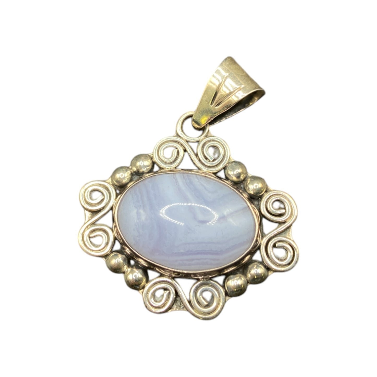 Blue Lace Agate Pendant Stud Earrings Set Marbled Stone 925 Sterling Silver CII