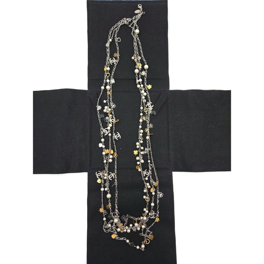 CoCo Chanel Three Strand Chain Hearts Clover Faux Pearl CC Logo Charm Necklace