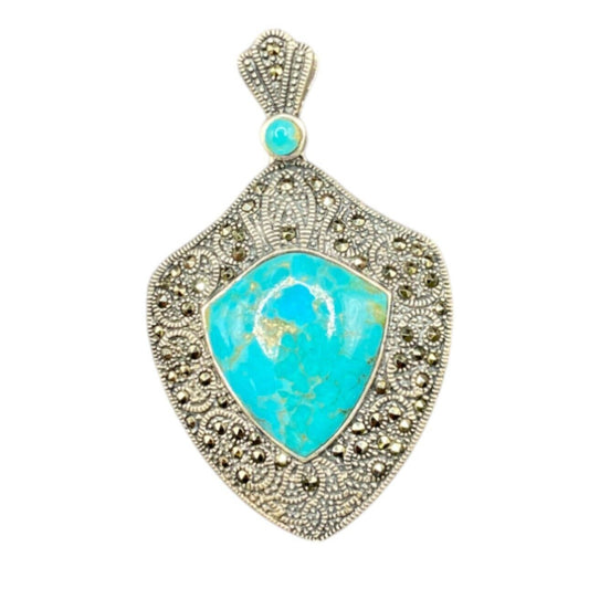 Turquoise Pendant Marcasite Ornament Sterling Silver Thailand Stamped