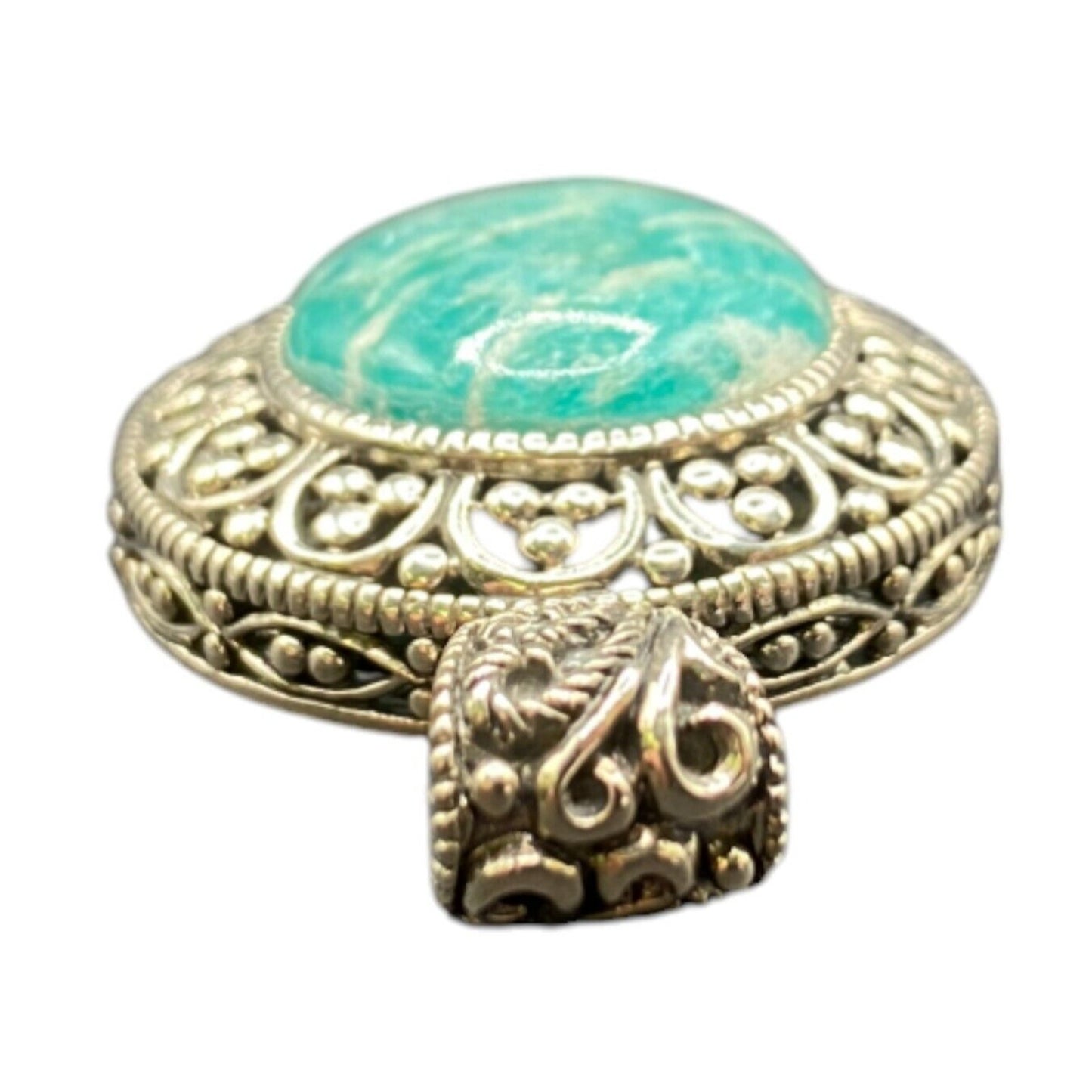 Amazonite Crystal Stone Pendant Round Cabochon Shaped Silver Tone Metal Filigree