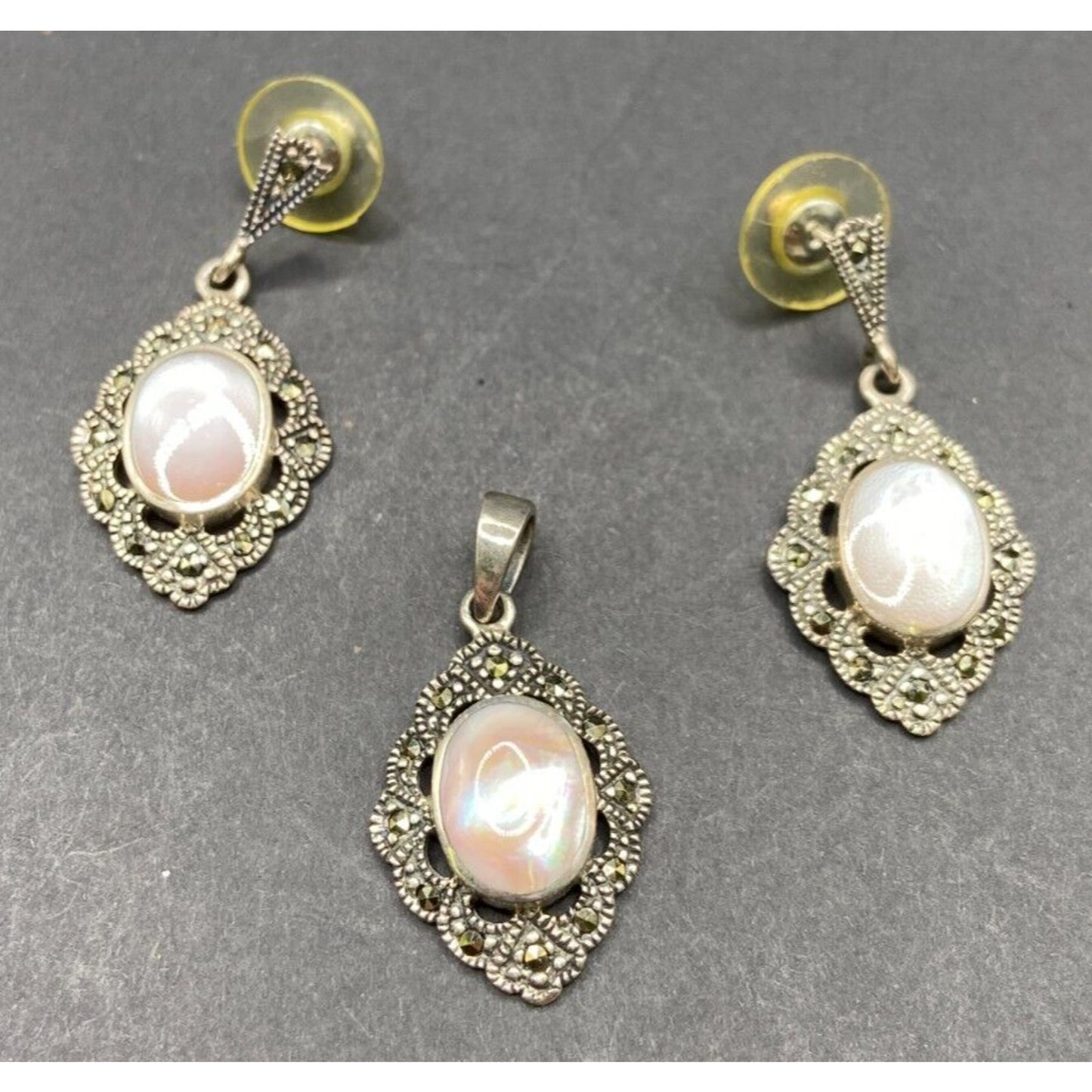 Mother Of Pearl Oval Pendant Earrings Set Marcasite Crystal 925 Sterling Silver