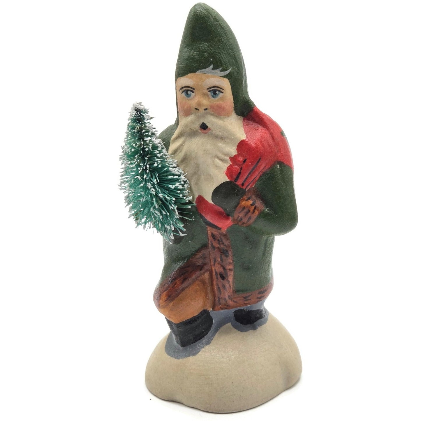 Vaillancourt Small Green Father Christmas Trudging Thru Snow Christmas Figurine