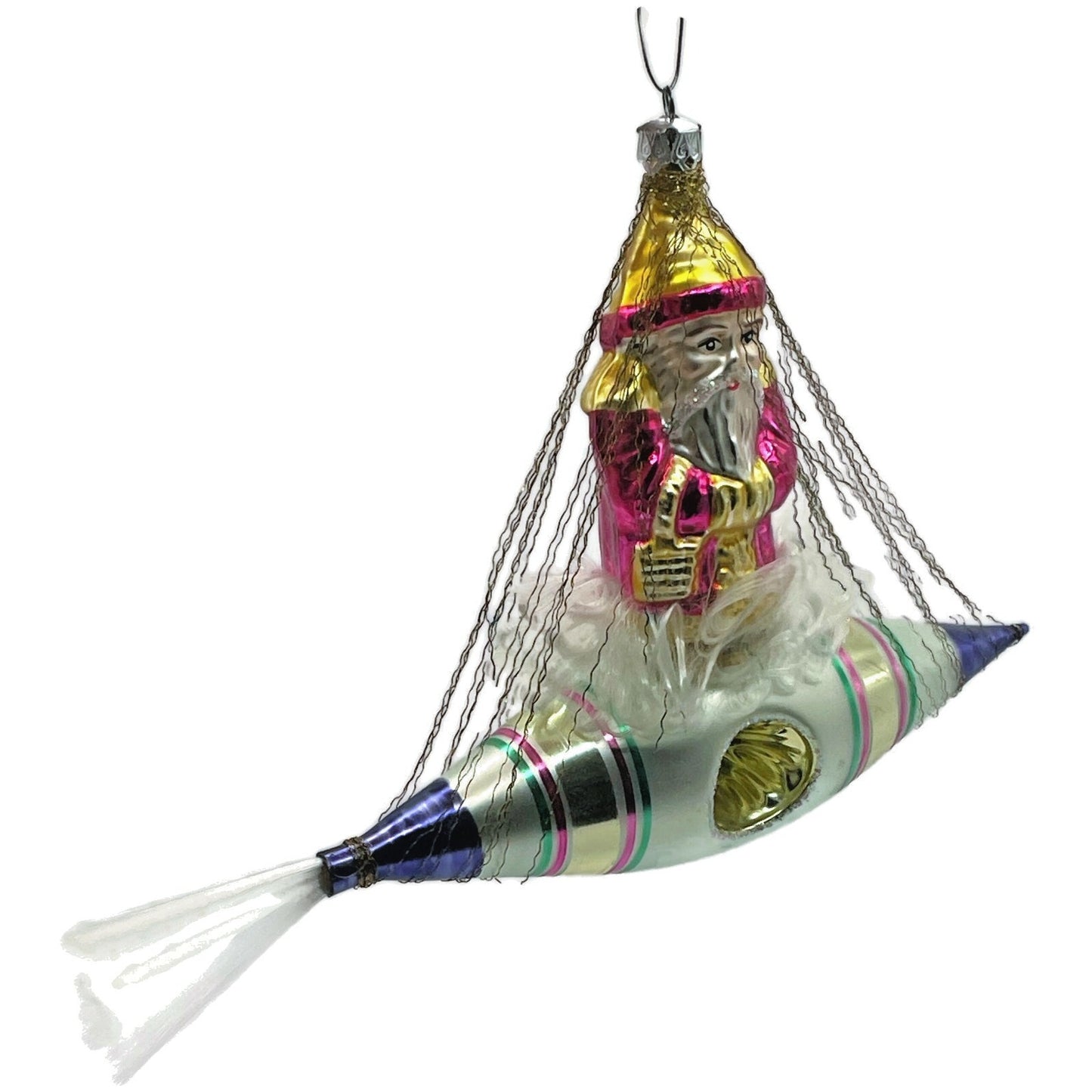 Christopher Radko Pink Santa In Space Blue Silver Rocket Christmas Tree Ornament