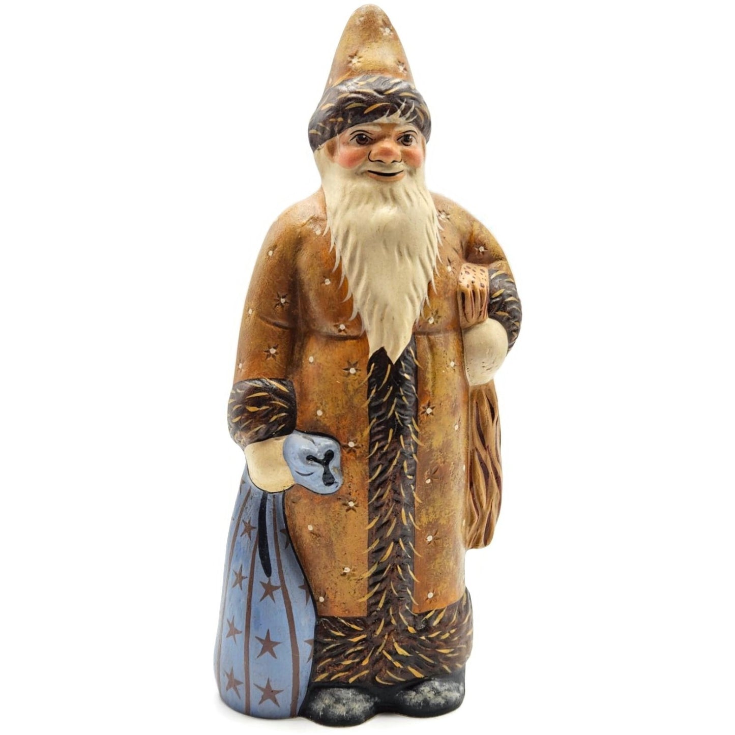 Vaillancourt Brown Father Christmas with Blue Sack Folk Art Chalkware Figurine