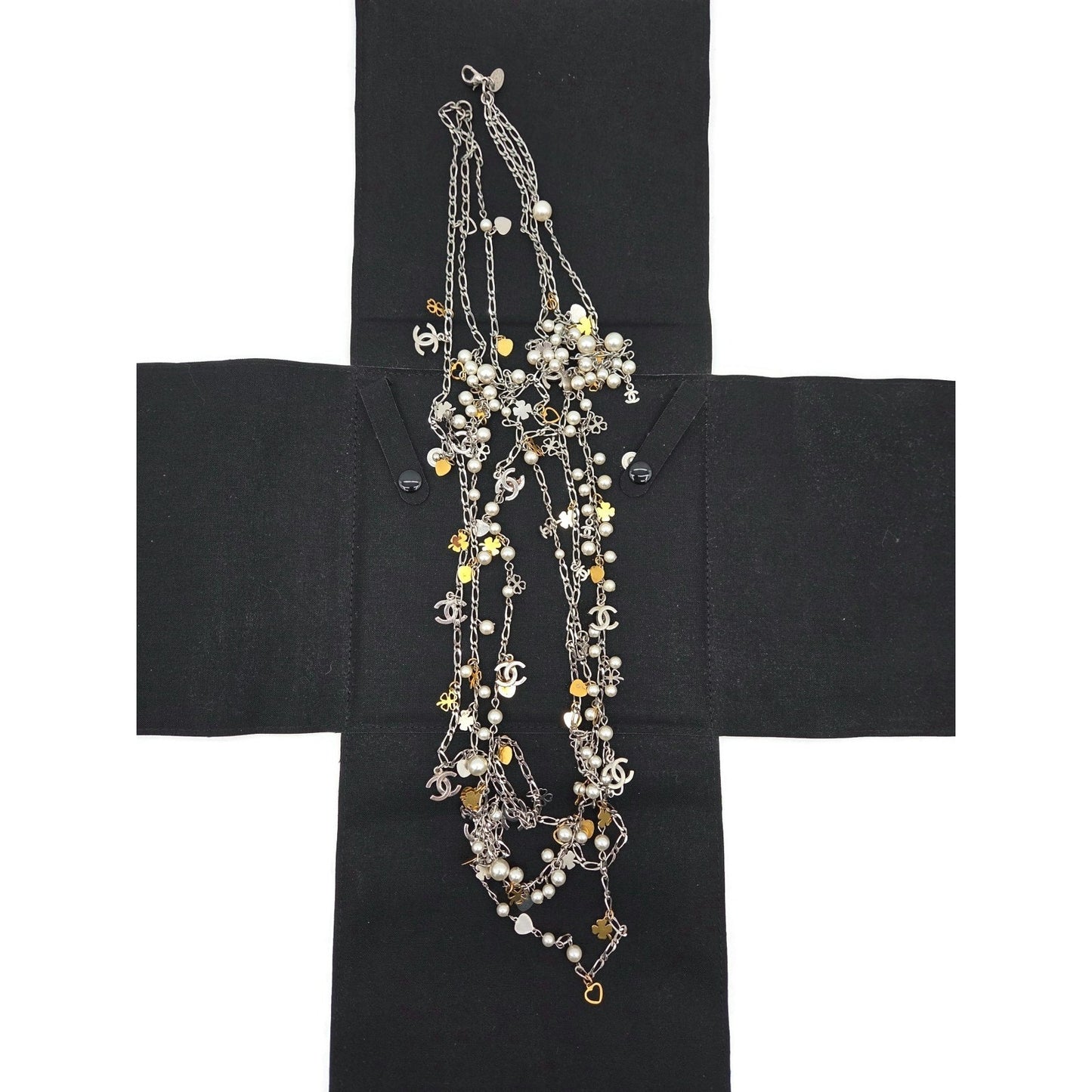 CoCo Chanel Three Strand Chain Hearts Clover Faux Pearl CC Logo Charm Necklace
