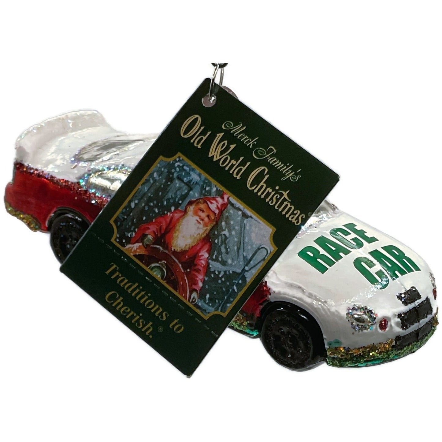 Race Car Ornament Vehicle White Red Glittered OWC Old World Christmas Decoration
