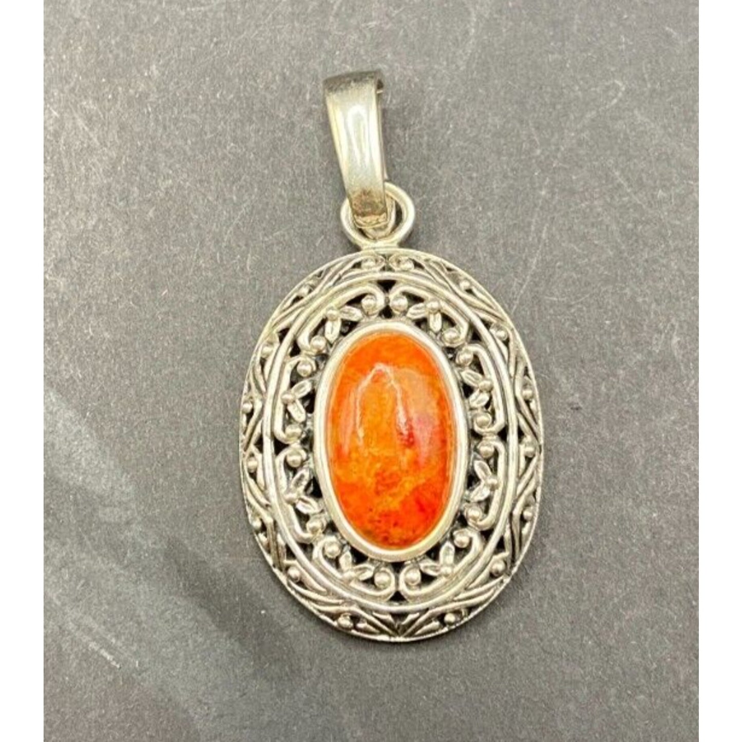 Spiny Oyster Oval Shaped Pendant Orange Gemstone 925 Sterling Silver Filigree