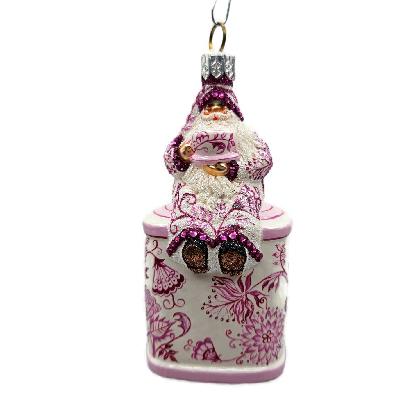 Patricia Breen Tea Time Santa Chinoiserie Pink Spring Christmas Holiday Ornament
