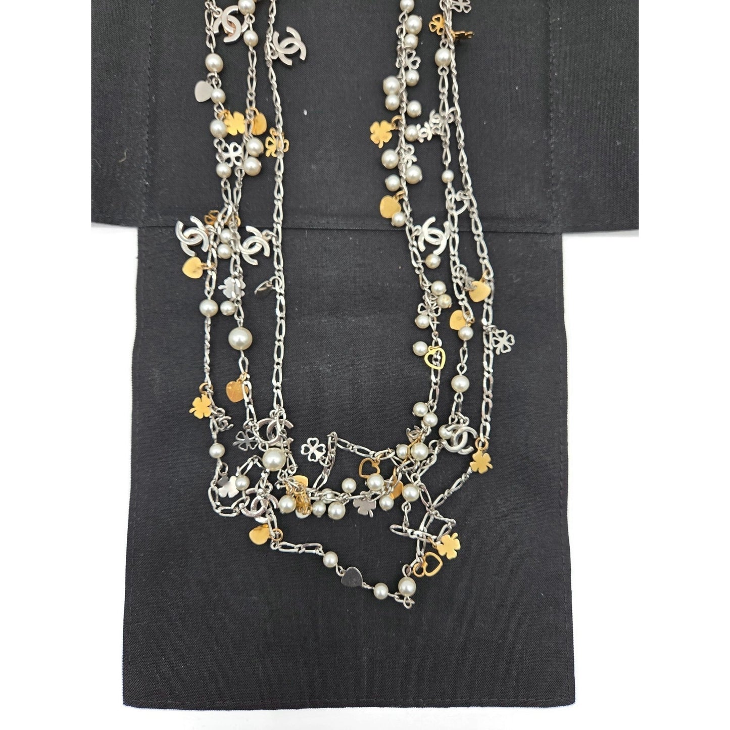 CoCo Chanel Three Strand Chain Hearts Clover Faux Pearl CC Logo Charm Necklace