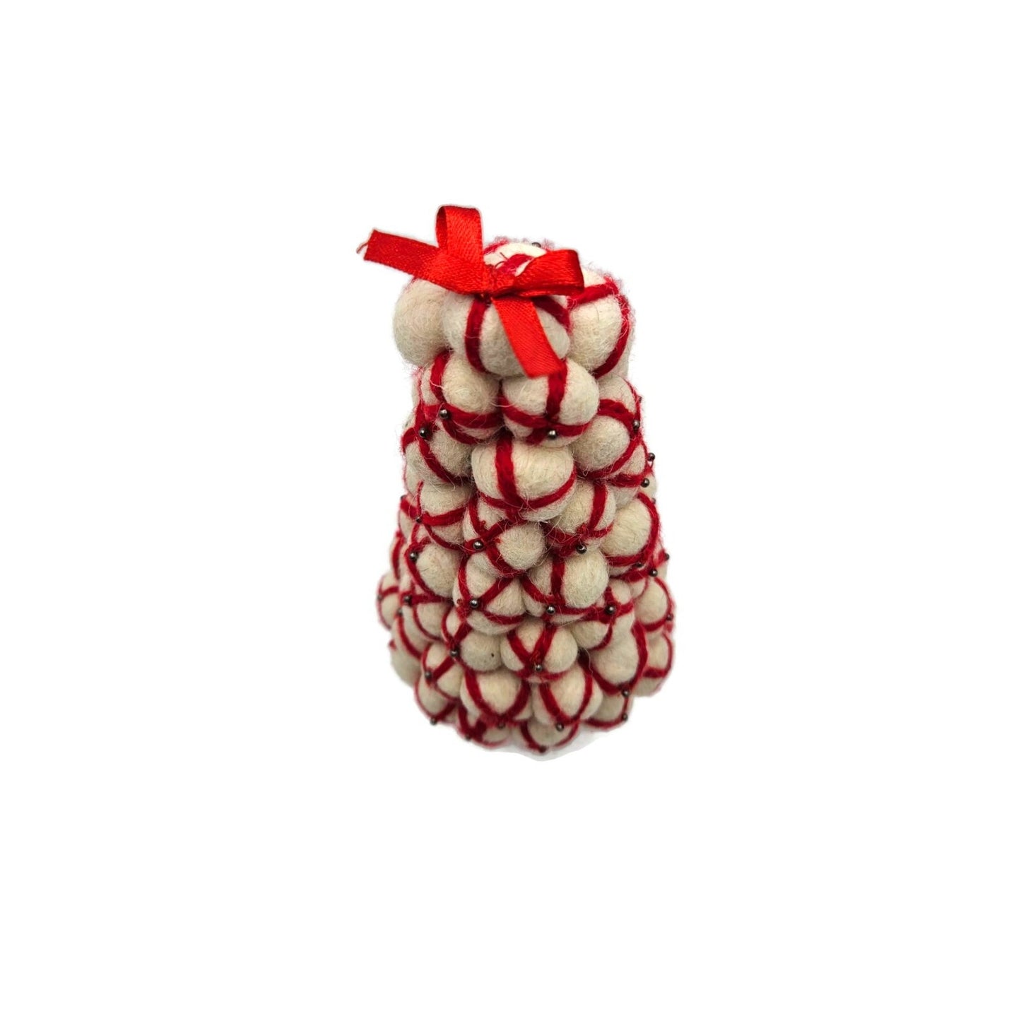 Christmas Tree Wool Peppermint Pom Pom Whimsical Red Cream Wood Felt Rustic