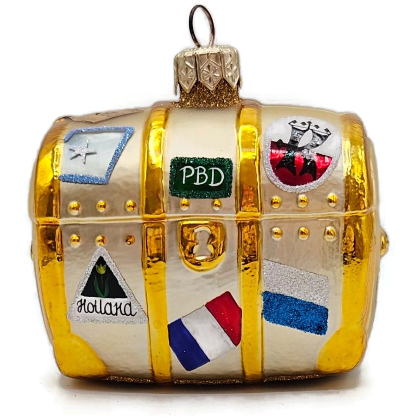 Patricia Breen Bon Voyage Gold Georgia Green Travel Trunk Christmas Ornament