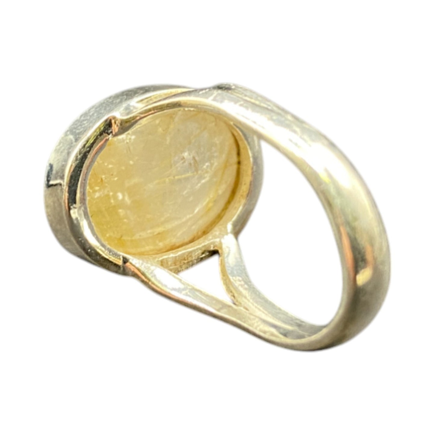 Golden Rutilated Quartz Crystal Ring Oval Cabochon 925 Sterling Silver Size 4