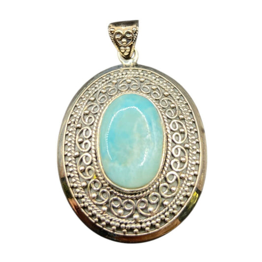 Blue Quartz Gemstone Pendant Oval Cabochon 925 Sterling Silver Filigree BJC