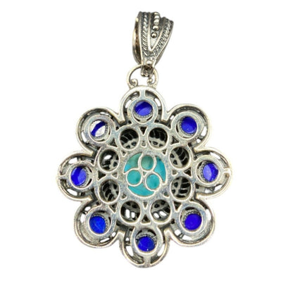 Turquoise Lapis Lazuli Pendant Crystal Stone Flower Silver Tone Metal Filigree