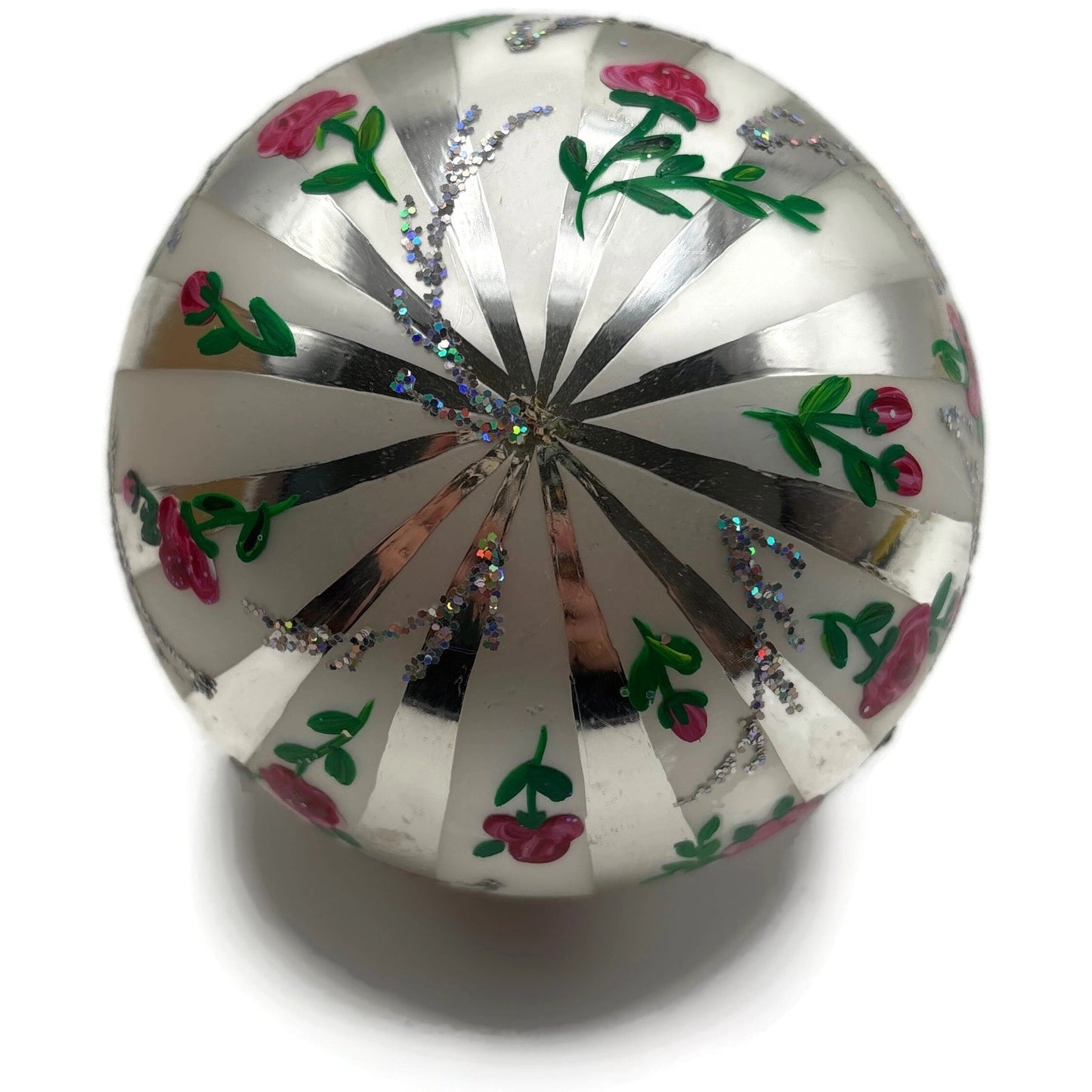 Christopher Radko Parlour Pink Roses Silver Striped Glitter Christmas Ornament